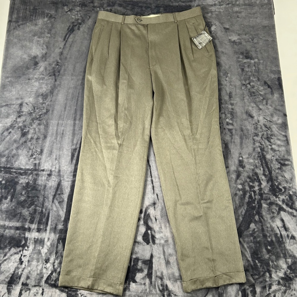 Brandini Dress Pants Mens 38x34 Olive Brown Microfiber Pleated Cuffed New